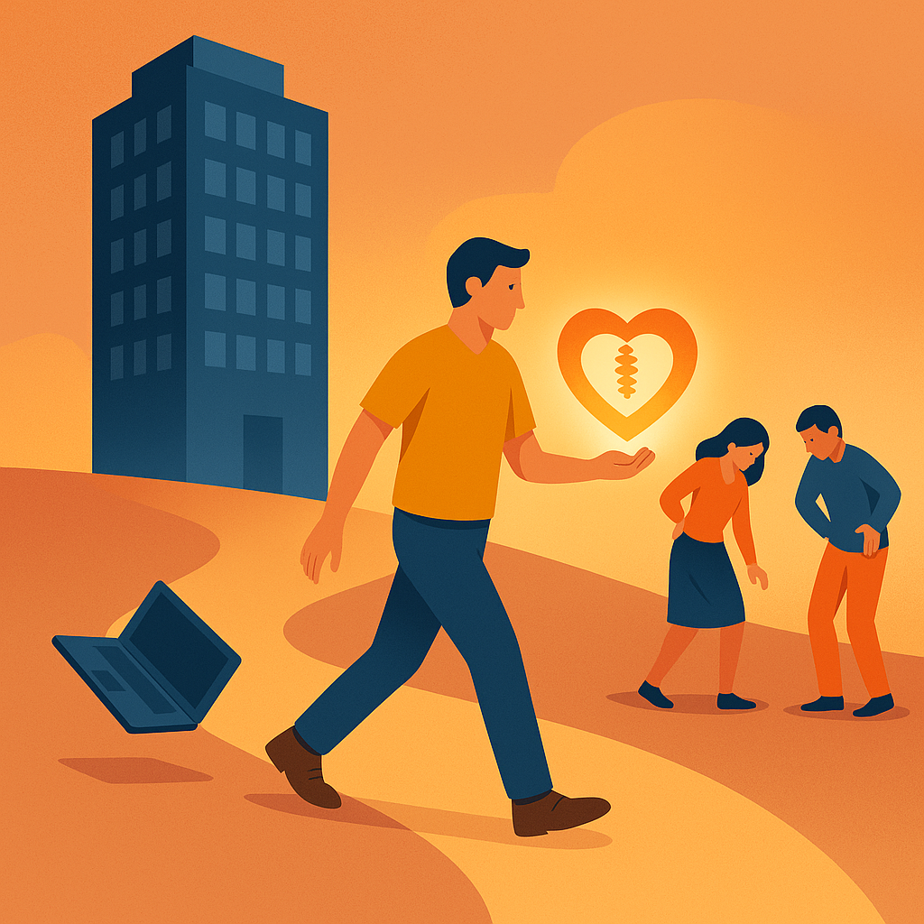 Мужчина уходит от суровой синей башни-офиса, оставив ноутбук позади, и несёт светящийся символ сердца со спинным столбом к людям, согбенным от боли, — визуальное отражение перехода от техкарьеры к помощи страдающим хронической болью.