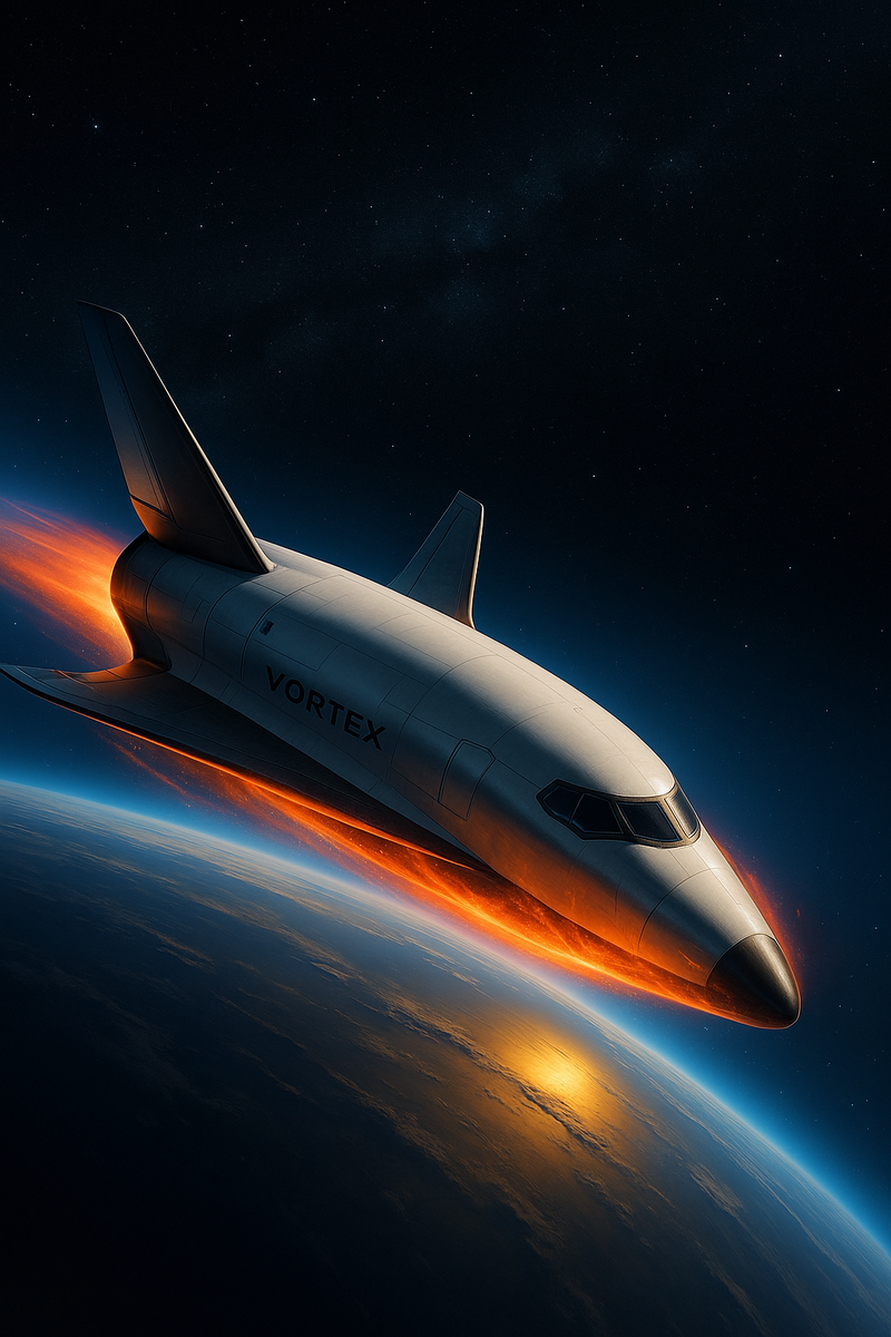Футуристический многоразовый орбитальный самолёт VORTEX, охваченный плазменным светом при входе в атмосферу, стремительно возвращается на Землю на фоне звёздного космоса и изогнутого горизонта планеты.