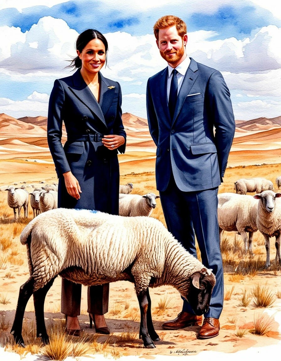 Меган и Гарри в пустыне Гоби. Рисунок из Шедеврума. 