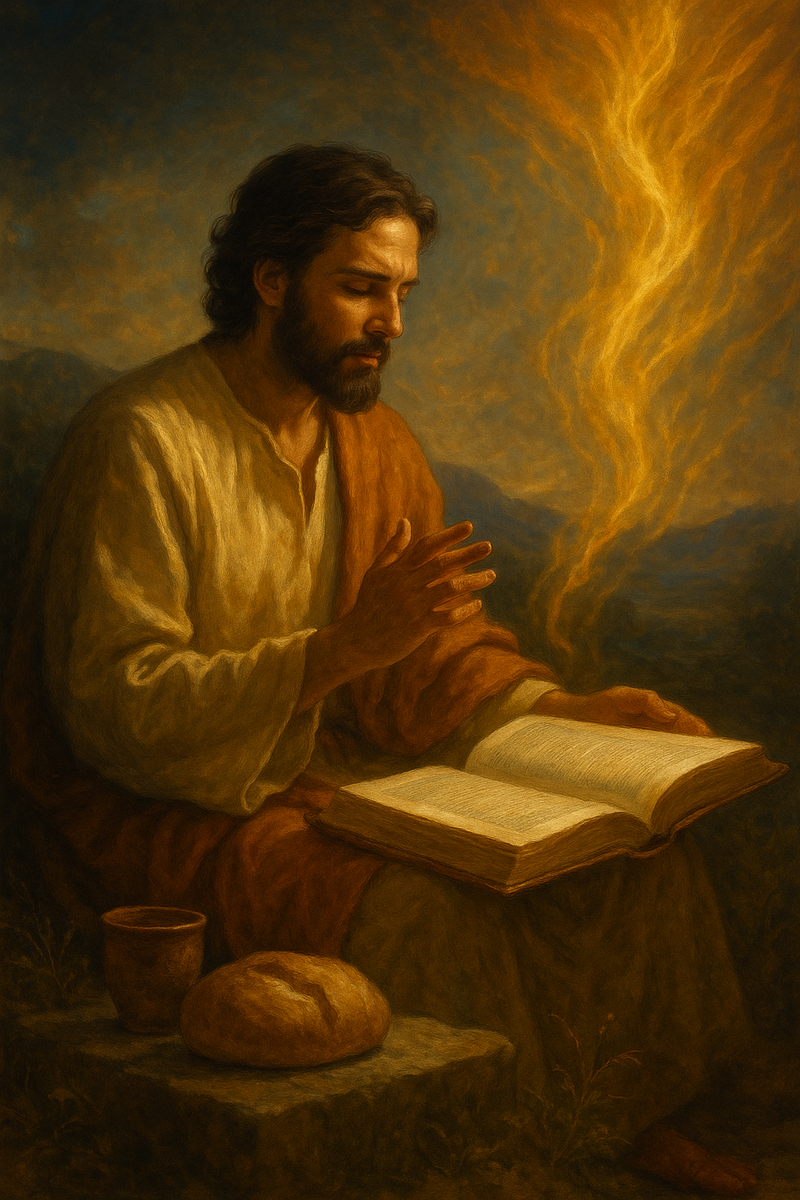 На изображении — вдохновляющая сцена глубокой духовной сосредоточенности, выполненная в виде художественного цифрового полотна, в тёплой, золотистой палитре.

В центре композиции сидит мужчина с бородой и длинными, тёмными волнистыми волосами. Он одет в простую, но выразительную одежду, выполненную в оттенках охры и терракоты, напоминающих древний восточный стиль. Его поза спокойна и осмысленна: одной рукой он придерживает раскрытую книгу на коленях, другой — слегка приподнятой — будто благословляет или воспринимает нечто невидимое глазу, что исходит свыше. Его лицо выражает глубокую внутреннюю сосредоточенность и почтение — взгляд опущен, но не отрешён, а проникнут тихой силой и вниманием.

Перед ним, на каменной плите, лежат круглый хлеб и глиняный кубок — символы простого физического питания, противопоставленные духовной пище, исходящей из книги и потока света. Сам камень подчеркивает устойчивость, постоянство и аскетичность обстановки.

Из книги, или из пространства над книгой, восходит живой золотой поток света — как вихрь, как духовное пламя, устремляющееся вверх. Этот поток не освещает сцену в привычном смысле, а как бы сам является источником Света и откровения. Он символизирует Слово, исходящее из уст Божиих, и наполняет картину смыслом, связывая человека с невидимым, но живым Духом.

На заднем плане — величественные горы в мягком сумраке, символизирующие безмолвную силу и непоколебимость. Всё пространство изображения дышит тишиной, благоговением, простотой и внутренней ясностью.

Это фото не просто иллюстрация к тексту — оно говорит на языке Духа: о приоритете духовного Слова над хлебом, о молитве прежде насыщения, о восприятии незримого прежде видимого. Это образ человека, живущего не хлебом единым, но всяким Словом, исходящим из уст Божиих