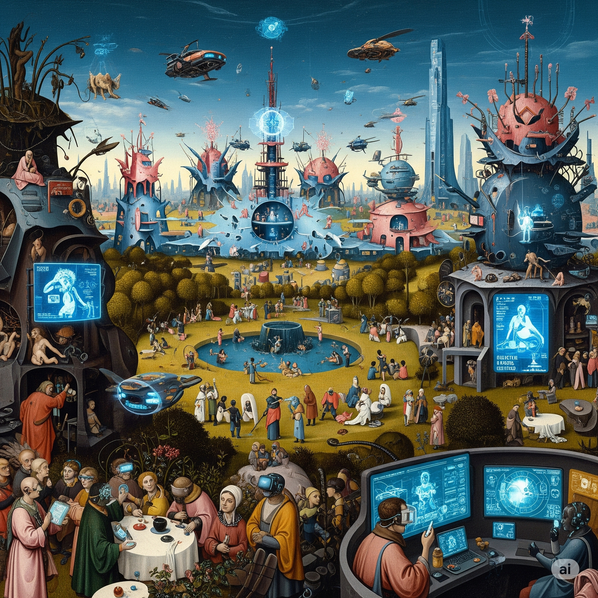 Триптих оммаж работы Иеронима Босха "Сад земных наслаждений". Центральная панель. Создано с помощью ИИ Gemini.