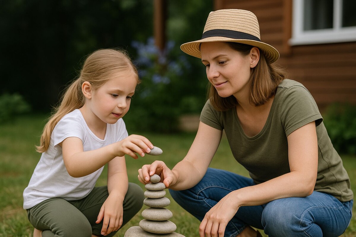 Мама с дочкой мастерят каменного человечка