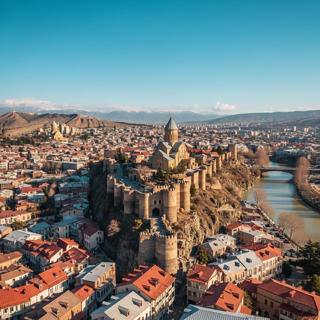 Это крепость Нарикала высоко над Тбилиси, с красными крышами и рекой Курой