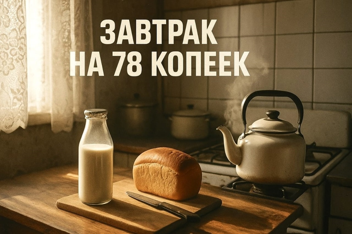 Утро в общей кухне: луч солнца играет на фольговой крышке молока, хлеб пахнет коркой, а эмалированный чайник тихо шипит — завтрак за 78 копеек уже на столе