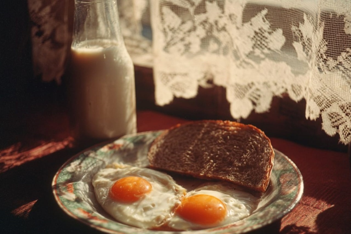 Две солнечные глазуньи на эмалированной тарелке, хлеб сияет маслом, а за ними — бутылка молока под фольгой, освещённая тёплым светом июльского утра 1985-го.