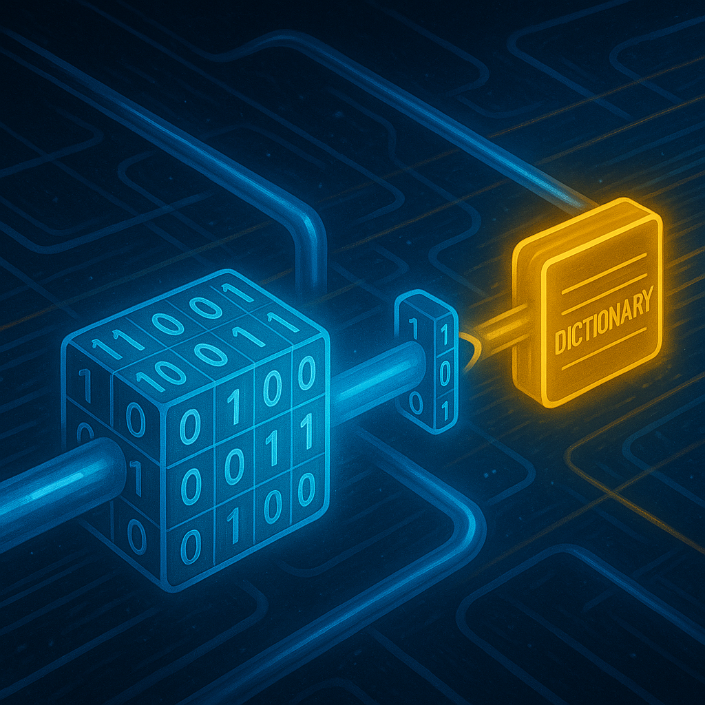 Светящиеся блоки данных проходят через «словарь» и сжимаются в узкие потоки — визуализация Compression Dictionary Transport, уменьшающей объём HTTP-ответов.