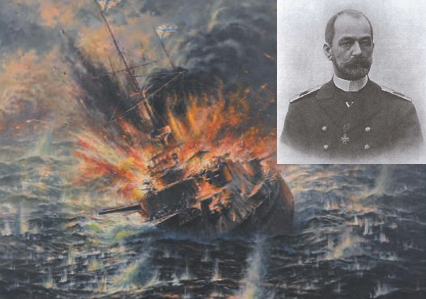 контр-адмирал З.П. Рожественский и погибающий броненосец "Бородино". Изображение из открытых источников