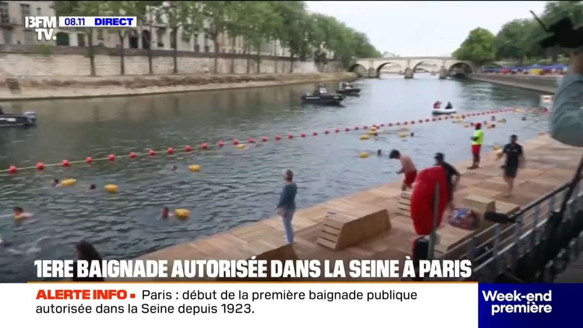    Кадр видео канала www.bfmtv.com/paris/sites-horaires-consignes-d-acces-tout-ce-qu-il-faut-savoir-avant-de-se-baigner-dans-la-seine-a-paris_AN-202507040294.html