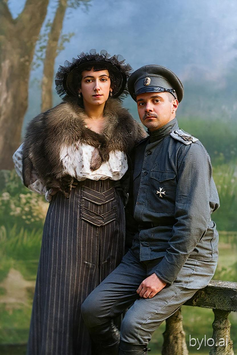 Подпоручик 12-го гренадерского Астраханского Императора Александра III полка Дандре Константин Львович ( 04.01.1891 - 1916) с женой Марией Петровной, урождённой Вильчевской
Москва, 1914 год. Фото колоризованное. Источник: Большой русский альбом. Ссылка: https://rusalbom.ru/photo/default/5304 Уроженец Санкт-Петербурга. Сын генерал-майора Л.Э. Дандре, из пот. дворян. 9.09.1904 был зачислен в Морской корпус; уволен 31.01.1905. С 1906 г. обучался в Пажеском корпусе. Выпущен подпоручиком в 12-й гренадерский Астраханский полк в 1912 г. В 1914 году женился на Марии Петровне Вильчевской (1890-1975). Некоторое время вместе с женой проживал в Москве. С началом Первой Мировой войны был внесен в список выделенных для сформирования новых частей. 8.01.1916 вернулся в полк из 85-го пехотного запасного батальона на должность младшего офицера 11-й роты. 13.01.1916 переведен в 51-й Сибирский стрелковый полк. Зимой 1916 г. умер от пневмонии. Был женат на М.П. Вильчевской. Ссылка: https://ria1914.info/index.php/Дандре_Константин_Львович "№ 4 31 января/3 февраля
Подпоручик 285-го пехотнаго запаснаго полка из дворян Петроградской губернии Петергофскаго уезда Константин Львович ДАНДРЕ православнаго вероисповедания 26 лет От крупознаго воспаления легких. Погребение совершал священник 285-го пехотнаго запаснаго полка Николай Виноградов на военном кладбище в городе Нарве". Ссылка: https://forum.vgd.ru/3405/132102/