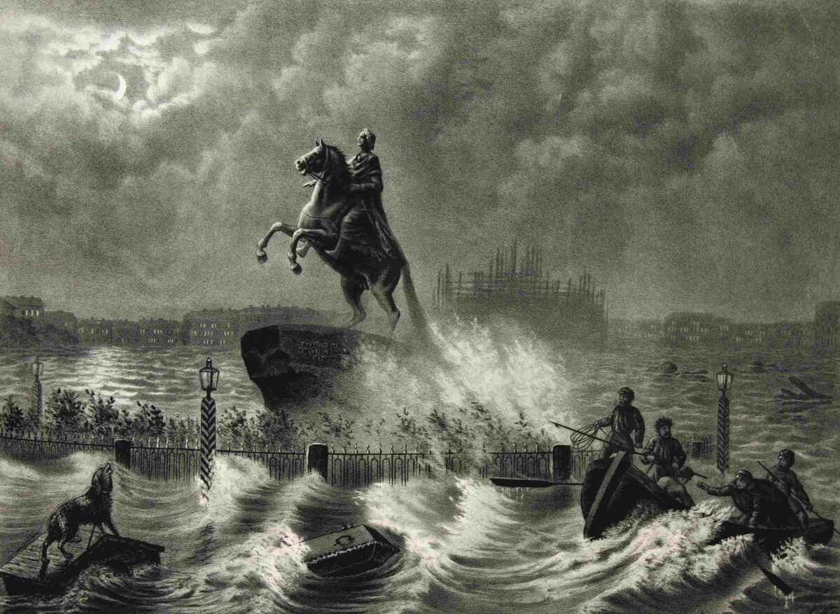 Историческая гравюра, показывающая катастрофическое наводнение в Санкт-Петербурге в 1824 году.