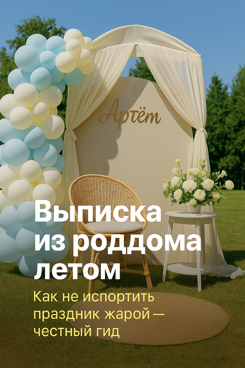 Летняя выписка из роддома с декором в персиковых тонах и плюшевым мишкой
