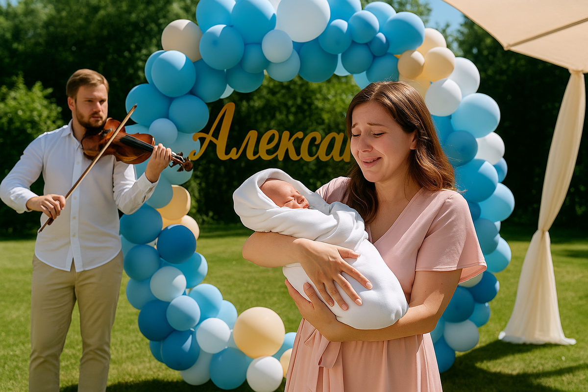 Летняя выписка с фотозоной, шарами и музыкантом на фоне роддома