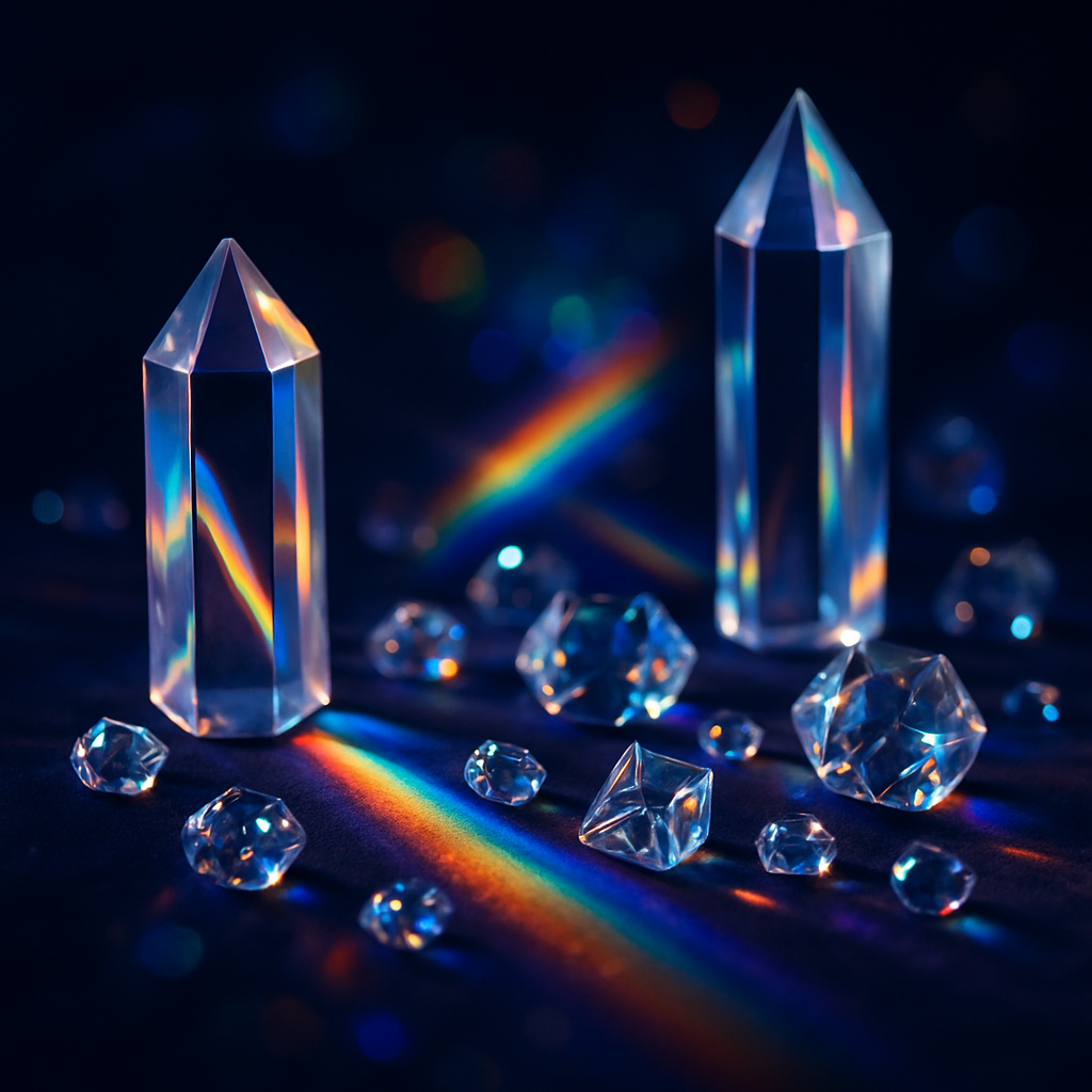 Прозрачные кристаллы, создающие радужные блики, — символ многогранности восприятия и скрытых граней реальности.