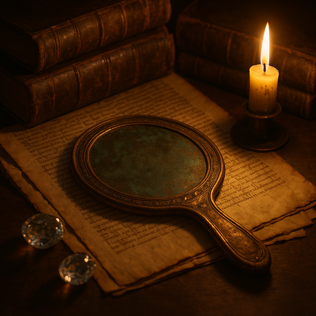 Античное металлическое зеркало — полированная медная поверхность с патиной, лежащая на древних манускриптах или старинных книгах.