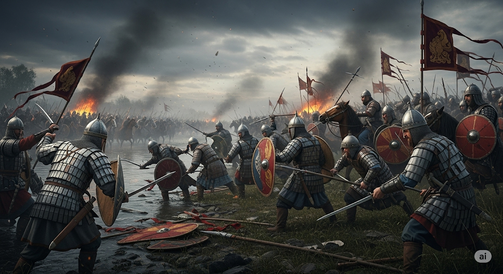 Сцена ожесточённой схватки между русско-половецкими войсками и монгольской армией у берегов реки Калки. 