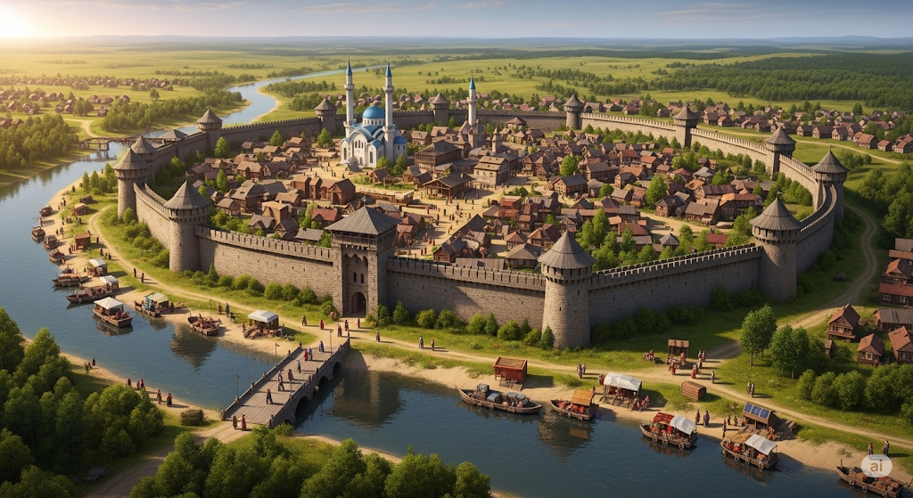 Вид с высоты на средневековый город Биляр – сердце Волжской Булгарии. Торговые ряды, каменные стены, купцы у Волги – жизнь до вторжения.