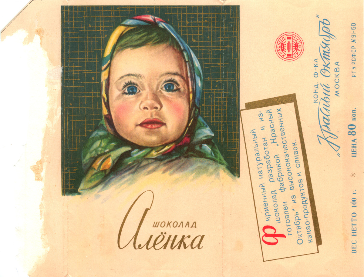 Надпись: "Шоколад Аленка. Фирменный натуальный шоколад разработан и изготовлен фабрикой "Красный октябрь" из высококачественных какао-продуктов и сливок. Вес нетто 100 г. Цена 80 коп." Современная "Аленка" - 90 г.