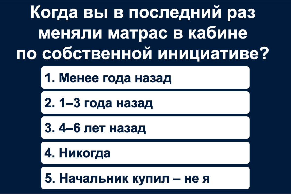 Спалбер опрос: Когда вы в последний раз меняли матрас в кабине по собственной инициативе?