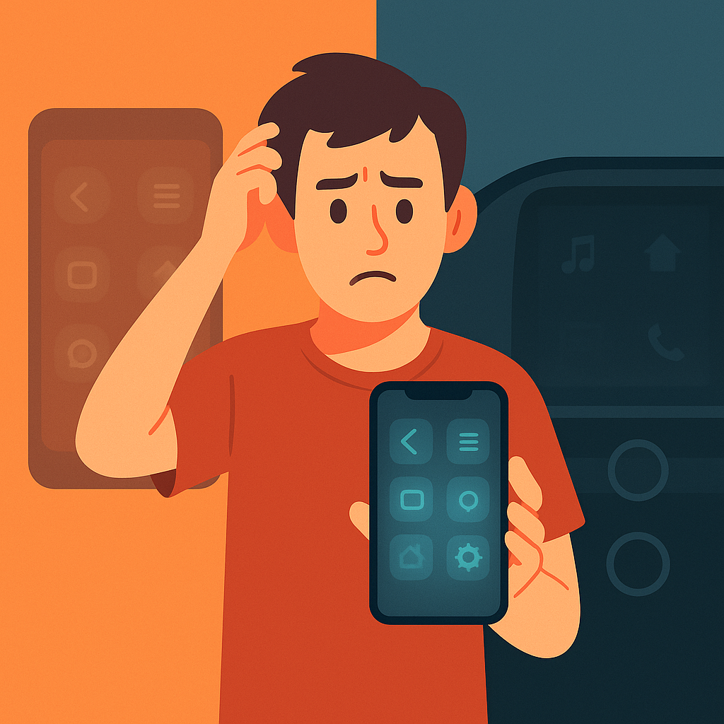 Концептуальная иллюстрация: растерянный пользователь держит смартфон с полупрозрачными «невидимыми» иконками, а за ним — тускло подсвеченная автомобильная панель; образ подчёркивает, как скрытые элементы управления усложняют взаимодействие.