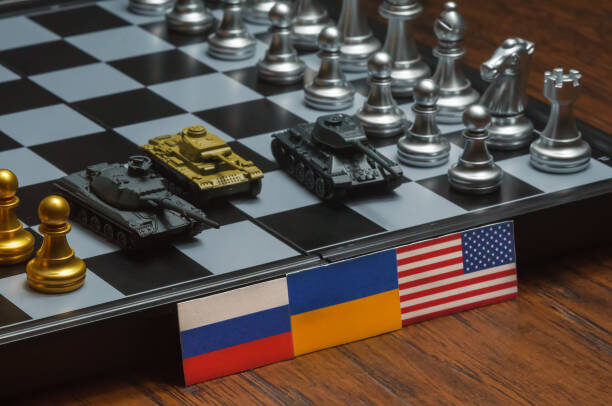 Chess board game. Political conflict between United States, Russia and Ukraine.