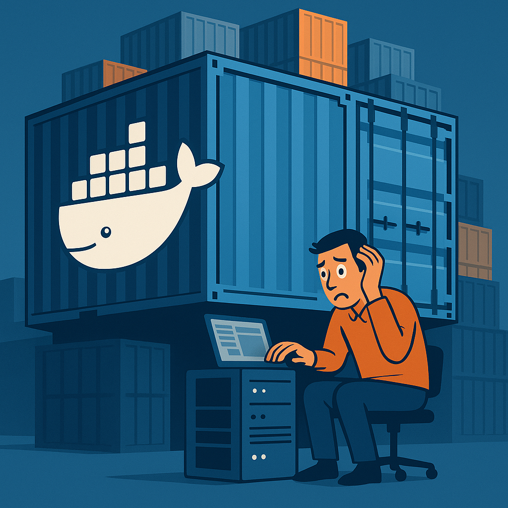 Иллюстрация: маленький системный администратор за столом беспокойно конфигурирует сервер, а за спиной нависает гигантский контейнер с логотипом Docker-кита и башней других контейнеров — визуальный образ того, как Docker усложняет администрирование для рядовых пользователей.