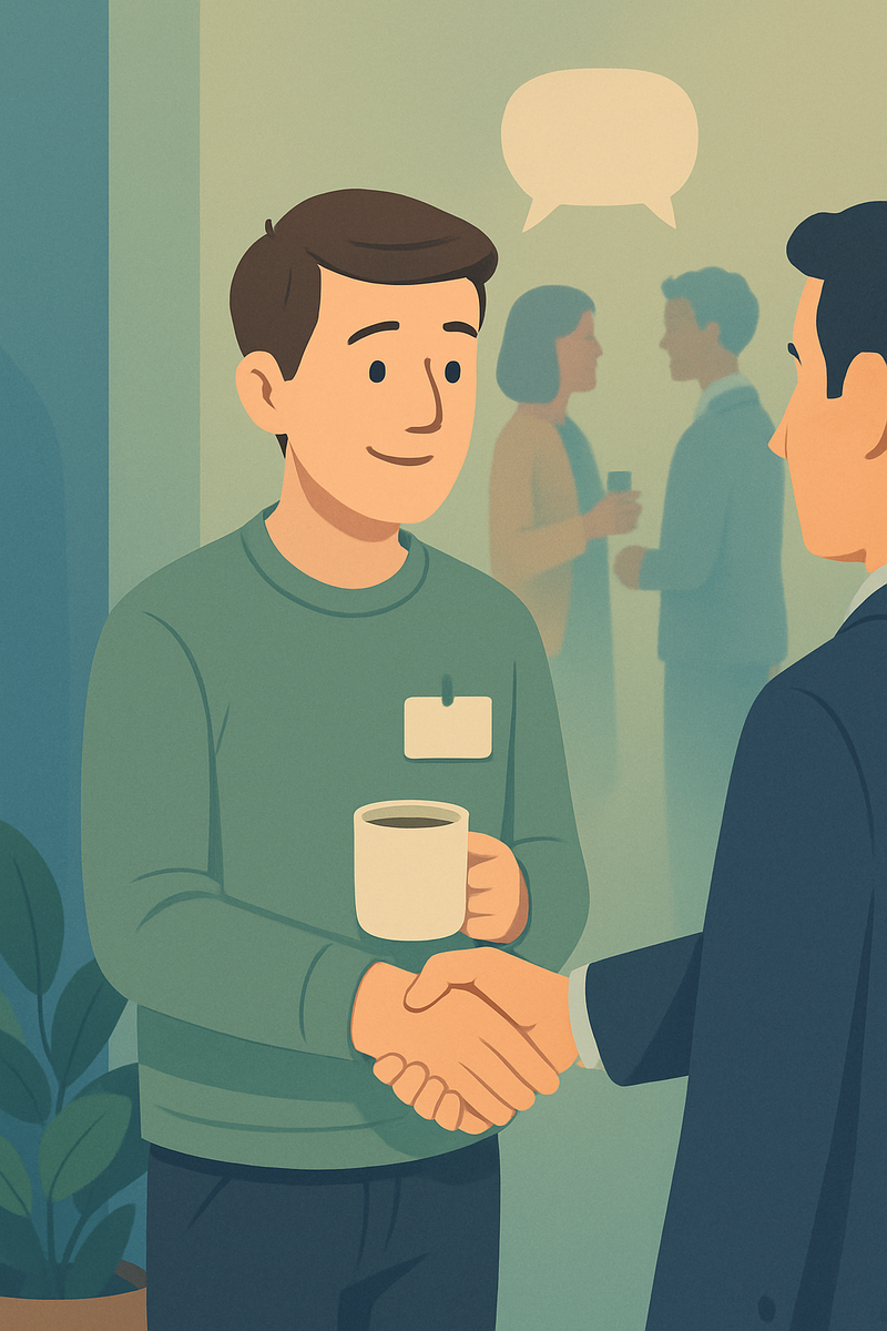 Тёплая сцена нетворкинга: спокойный интроверт с кружкой кофе уверенно жмёт руку новому знакомому, а позади размытые силуэты других участников создают мягкую, не-перегруженную атмосферу общения.