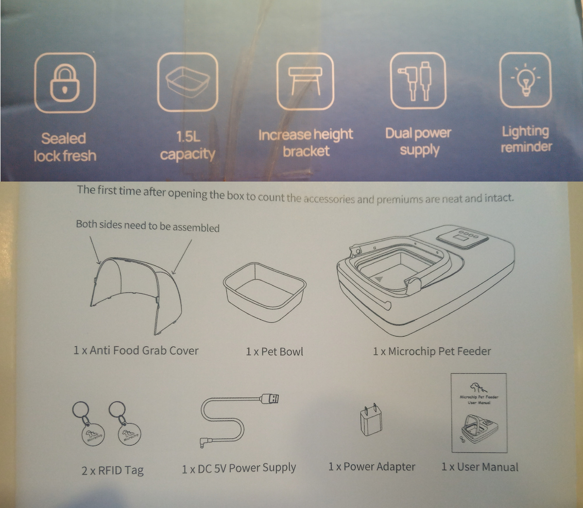 На коробке указаны основные преимущества кормушки: надежно сохраняет еду свежей, вмещает 1,5 л корма, можно настраивать высоту, питается от сети или пауэр банка, есть подсветка. В инструкции можно увидеть, что входит в комплект