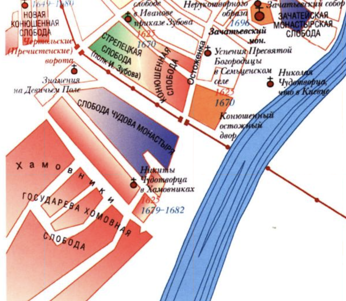 Восстановленная карта московских слобод в районе современного Зубовского бульвара по данным на 1675 год. С сайта www.retromap.ru.