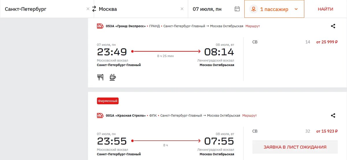    Билеты на поезда из Петербурга в Москву на 7 июля. Фото: скриншот с сайта РЖД
