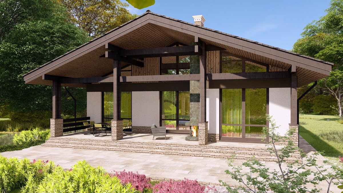 Садовый фасад с атрибутами шале - массивными деревянными балками, отделкой деревом, камнем и штукатуркой, пологая кровля с большим выносом, камин.