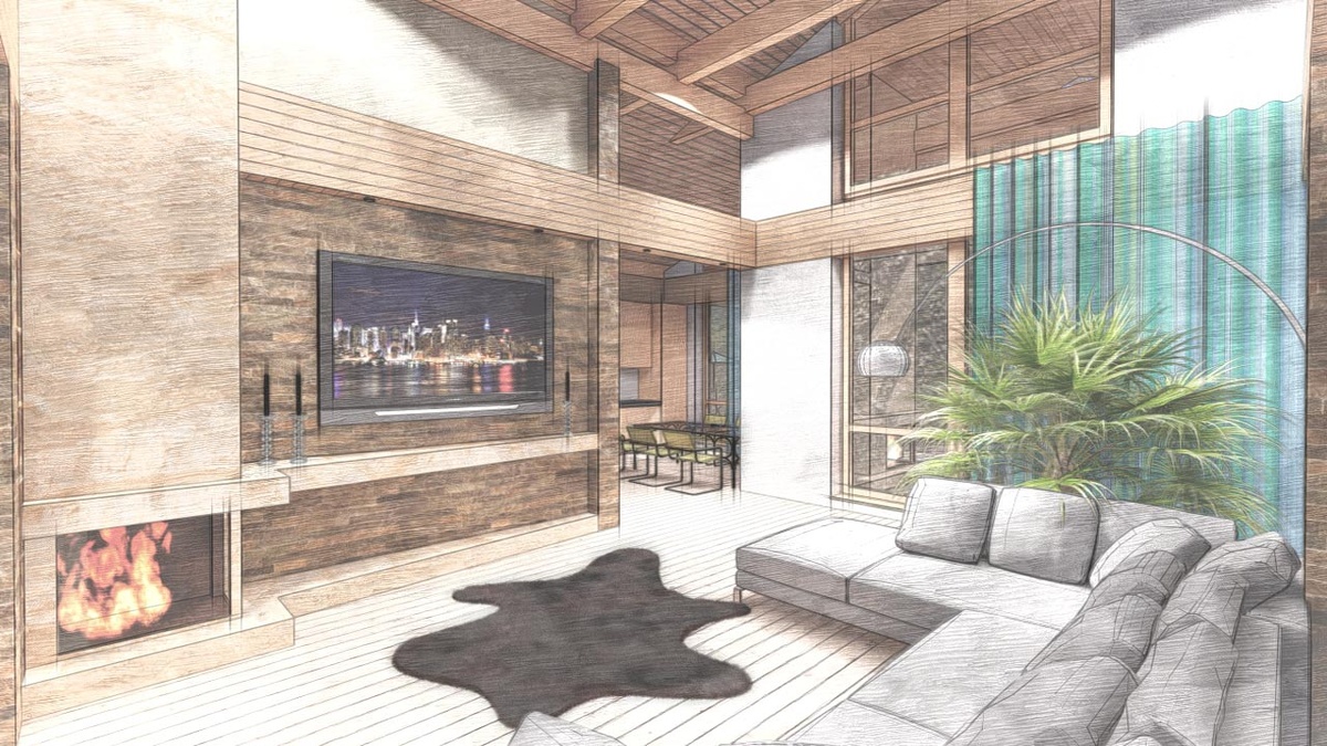 Интерьер перекликается с внешностью - камин, много дерева и камня, простор, свет, массивная кровля.