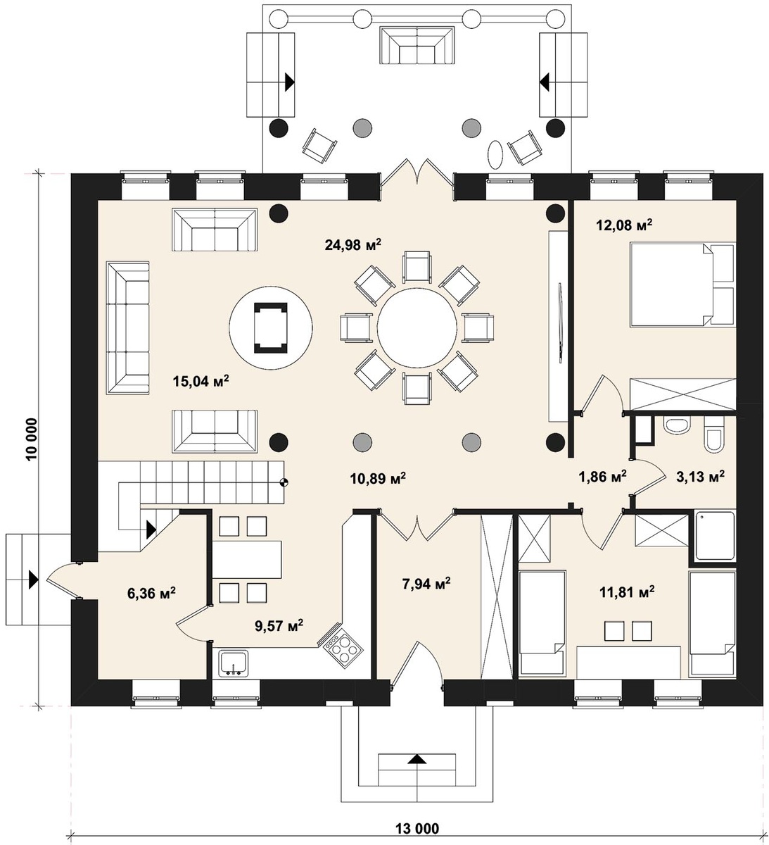 На первом этаже гостиная с камином и колоннами, и две комнаты