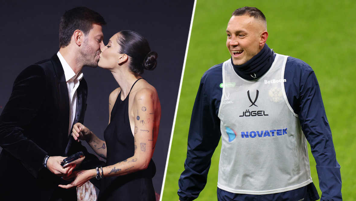    Федор Смолов с женой Кариной Истоминой и Артем Дзюба.