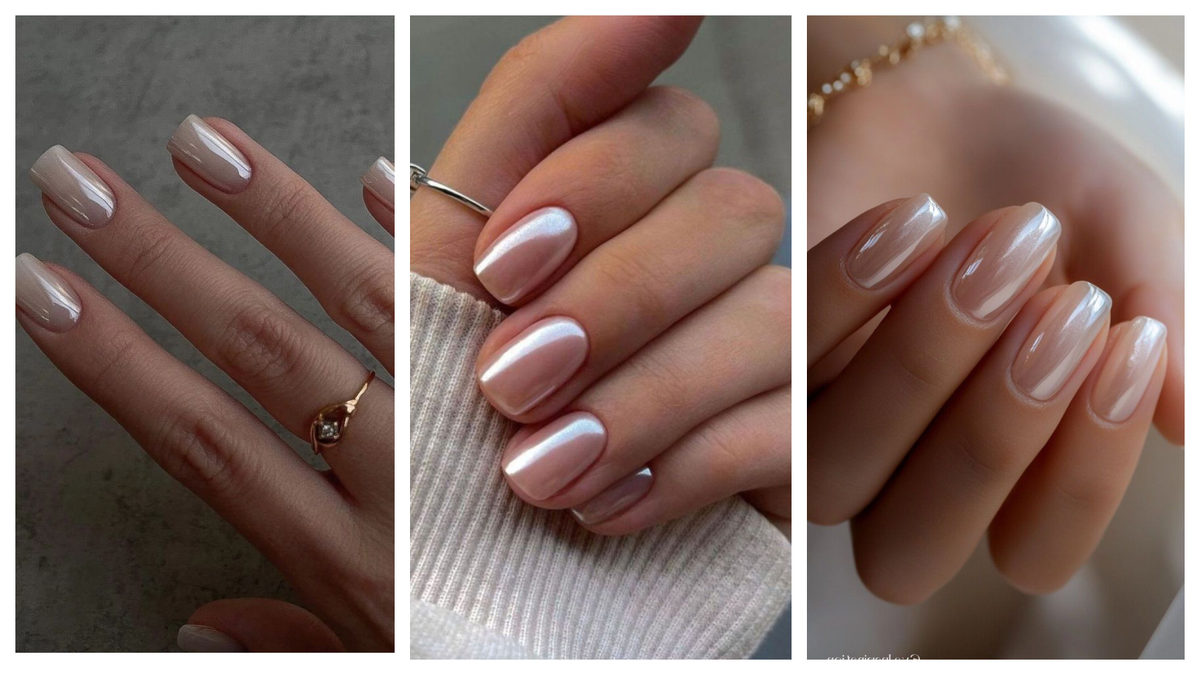 На фото: три варианта жемчужного маникюра: от классического молочного до более розоватого перелива. Объединяет их дорогой, сдержанный блеск без излишков.