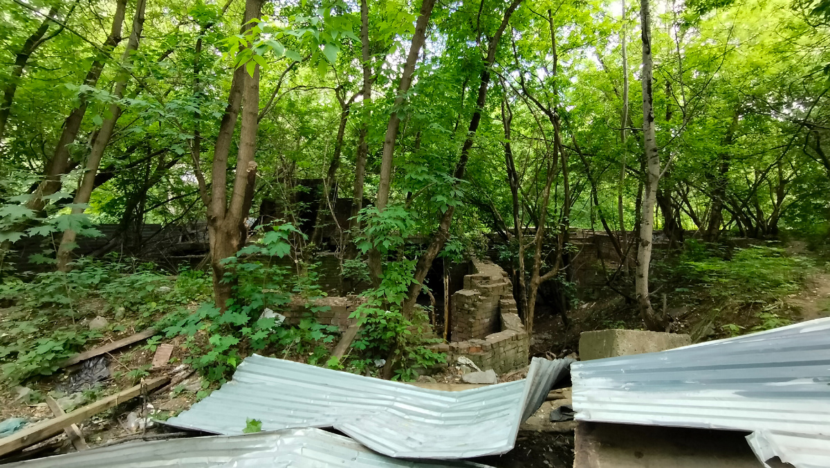 Упавший забор, а за ним руины недостроенного жилого дома. Июль 2023-го