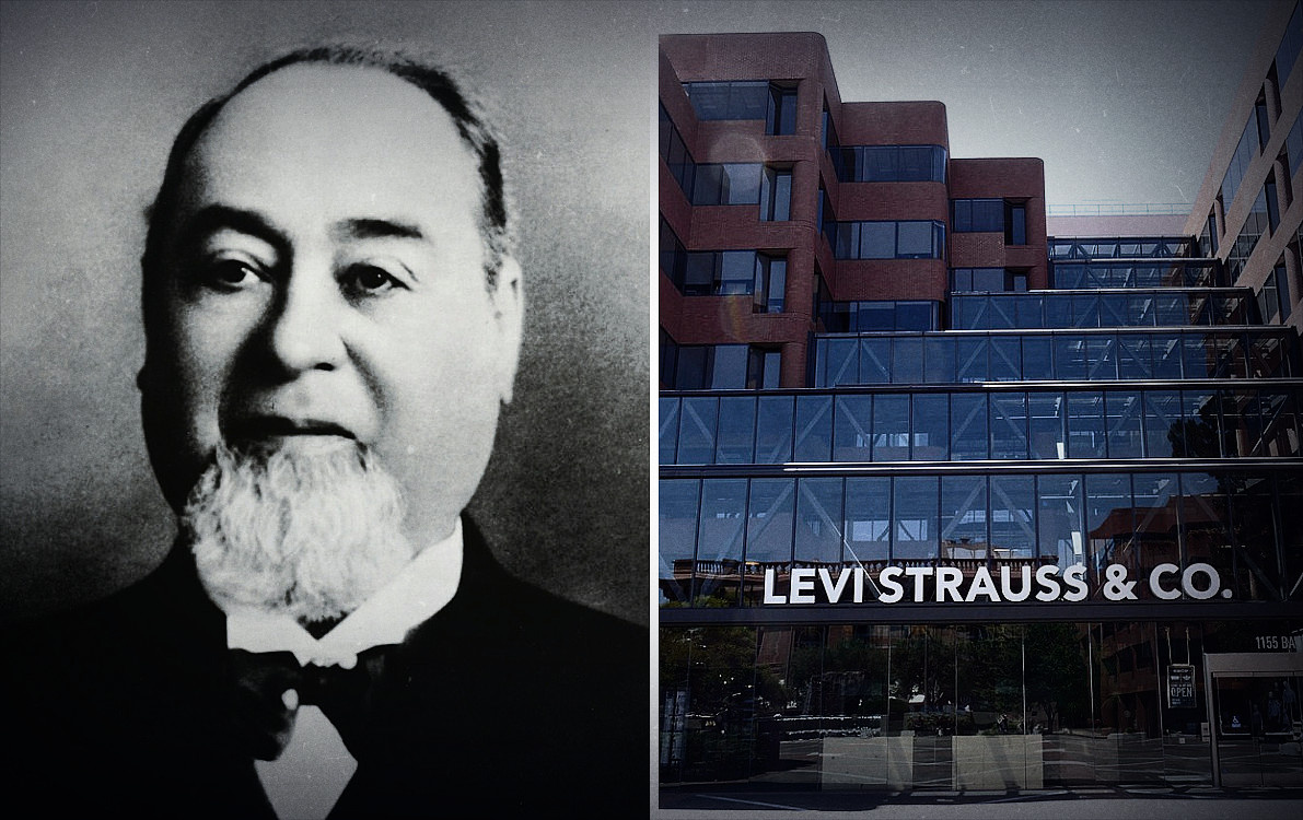 Ливай Страусс (слева) и штаб-квартира компании (справа)