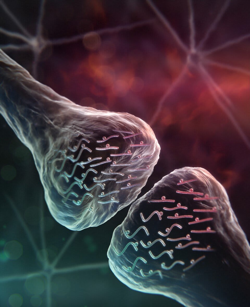 два синаптических терминала, подчеркивающих сложные нейронные связи в мозге, имеющие решающее значение для процессов сна. 