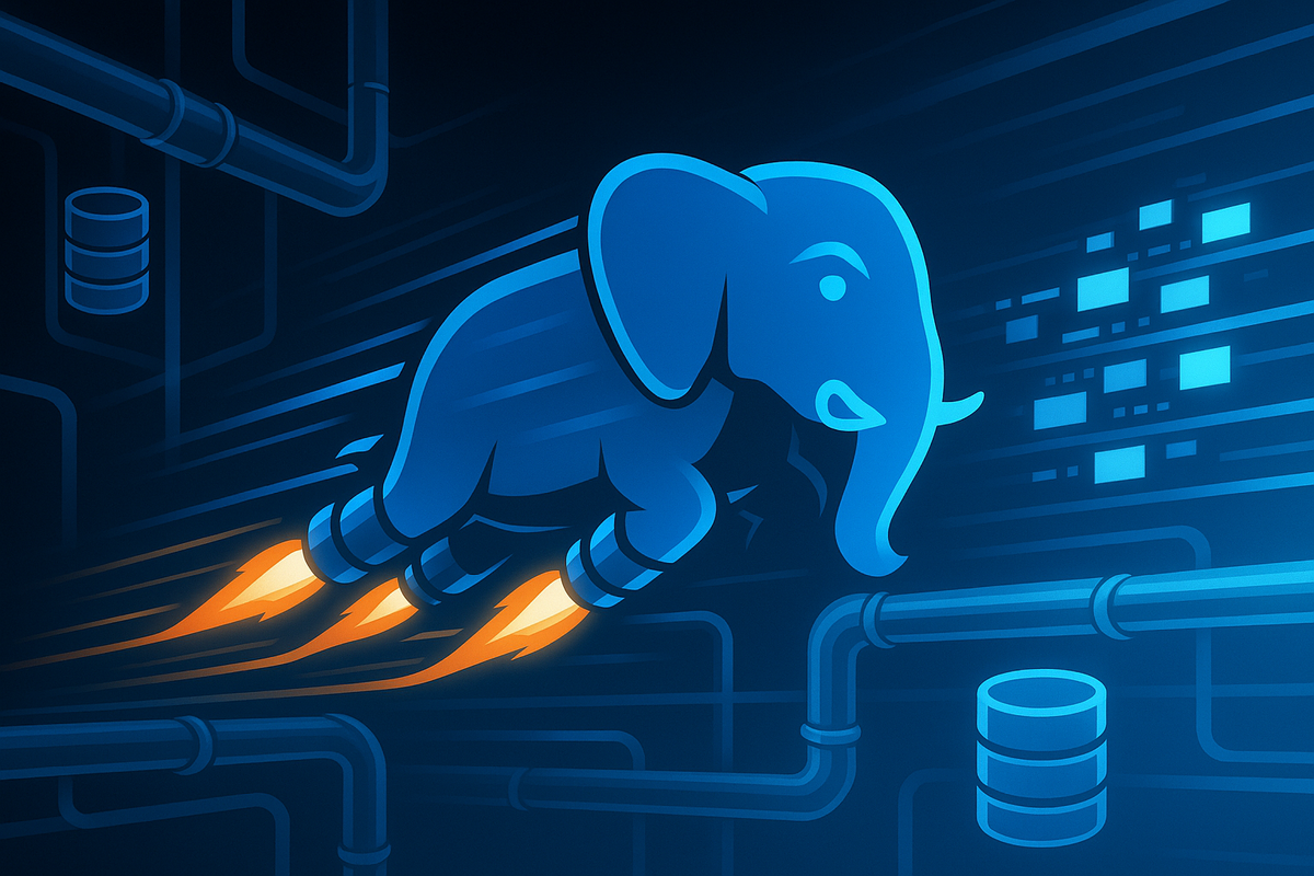 Стилизованный синий слон-логотип PostgreSQL мчится по сияющим «трубам данных» с реактивными ускорителями, визуально передавая резкий рост скорости создания и восстановления снимков базы данных.