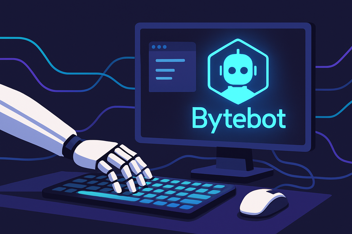 Роботизированная рука печатает и кликает мышью перед экраном с логотипом Bytebot — визуальный символ простого агент-подхода: ИИ управляет компьютером так же, как человек.