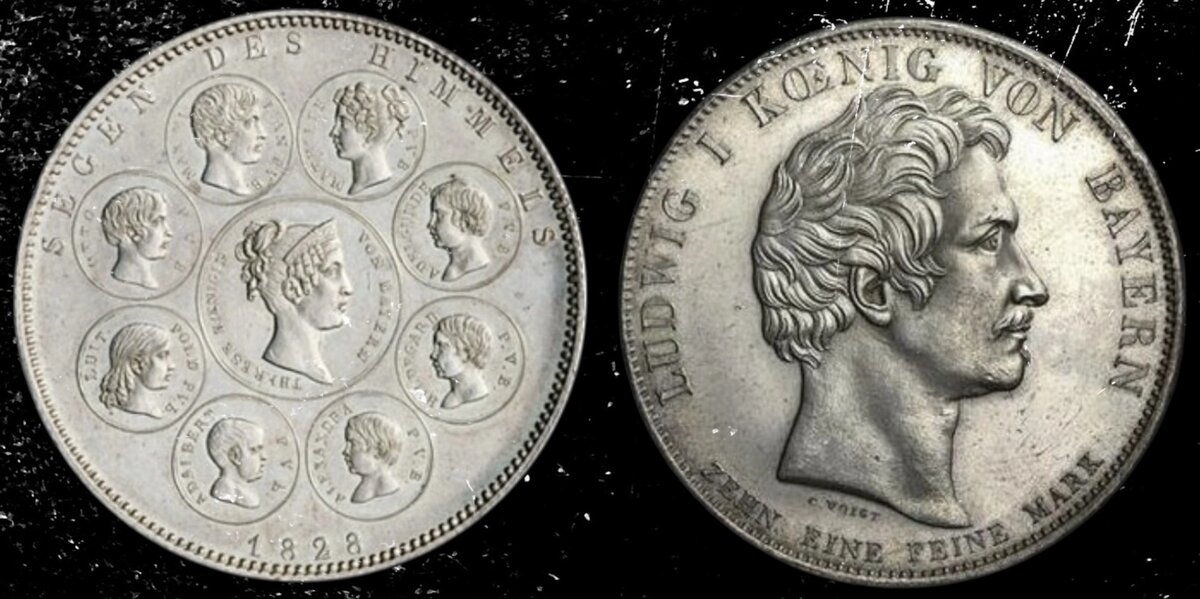 «Фамильный» талер 1828 г. Людвиг I, Бавария (монарх, его супруга и их дети)