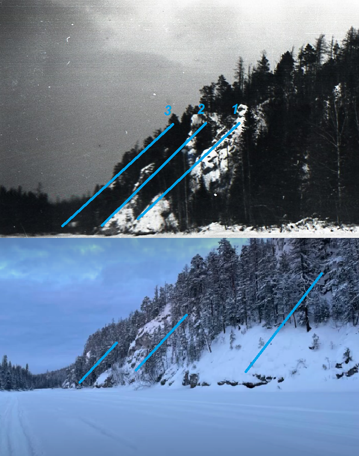 Сверху - кадр Горки дятловцев с фотопленки Иванова. Снизу - Горка, заснятая Дмитрием Киреевым в ходе его экспедиции в 2024 году.