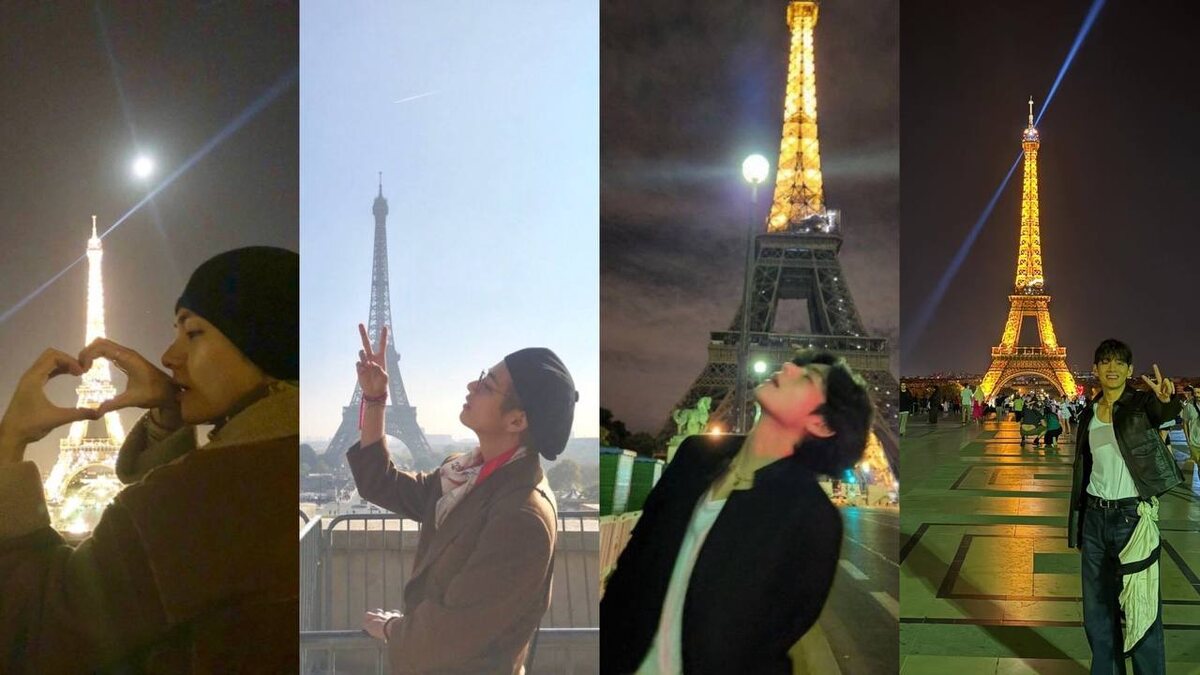 Тэхен в разные годы на фоне Эйфелевой башни