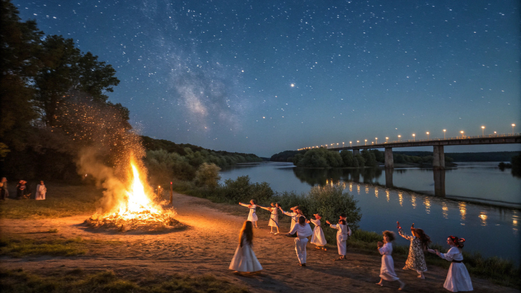 Кубанская молодёж водит хороводы на берегу реки Кубань