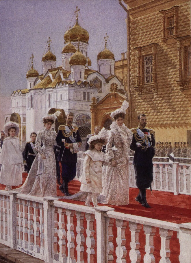С.Н. Матвеев. Шествие императорской фамилии из Большого Кремлевского дворца в Успенский собор в 1903 году. © Государственный исторический музей. Ссылка: https://dzen.ru/a/ZDURii_Bu0hZLZa2 На заднем фоне, справа, виден почётный караул. Возможно из нижних чинов 12-го гренадерского Астраханского Императора Александра III полка. Во всяком случае, 7 апреля 1903 года депутация этого полка поздравляла своего Августейшего Шефа - Императора Николая II с праздником Святой Пасхи затем в Георгиевском зале Большого Кремлевского Дворца. Также Император Николай II 14 апреля 1903 года посетил Спасские казармы 1-го батальона 12-го гренадерского Астраханского Императора Александра III полка. После посещения этих казарм Августейший Шеф полка пообещал решить вопрос со строительством отдельных Астраханских казарм 12-го гренадерского Астраханского Императора Александра III полка. Поэтому 1903 год для истории полка очень важен.