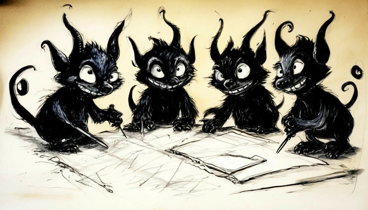 "Four dirty little black devils were drawing a drawing in black ink. cartoon." -shedevrum.ai          ЧЕТЫРЕ ЧЁРНЕНЬКИХ ЧУМАЗЕНЬКИХ ЧЕРТЁНКА ,