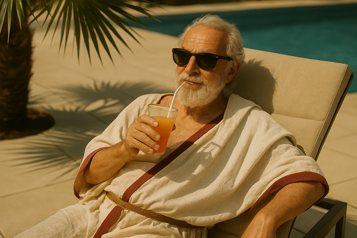 Римлянин отдыхает у бассейна. Сгенерировано ИИ.