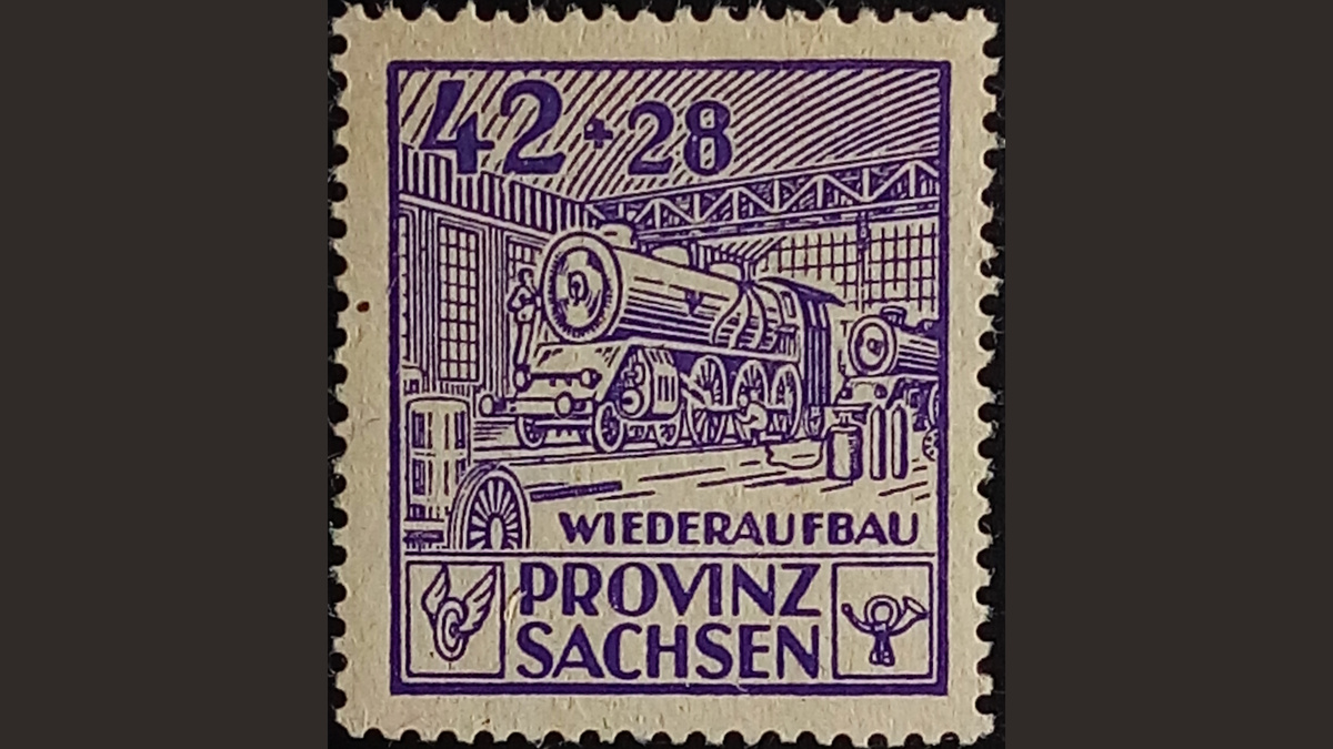 1. Германия. Саксония. Советская зона, 1946 год, № 89 A. Машиностроение. Реконструкция. В галерее полная серия марок и марка без перфорации (нажмите правую стрелку).