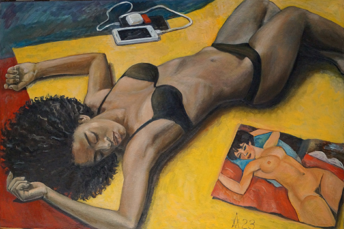 © Андрей Мадекин. Название не определено. Картина с  включением с репродукции работы А. Модильяни. Холст, масло.