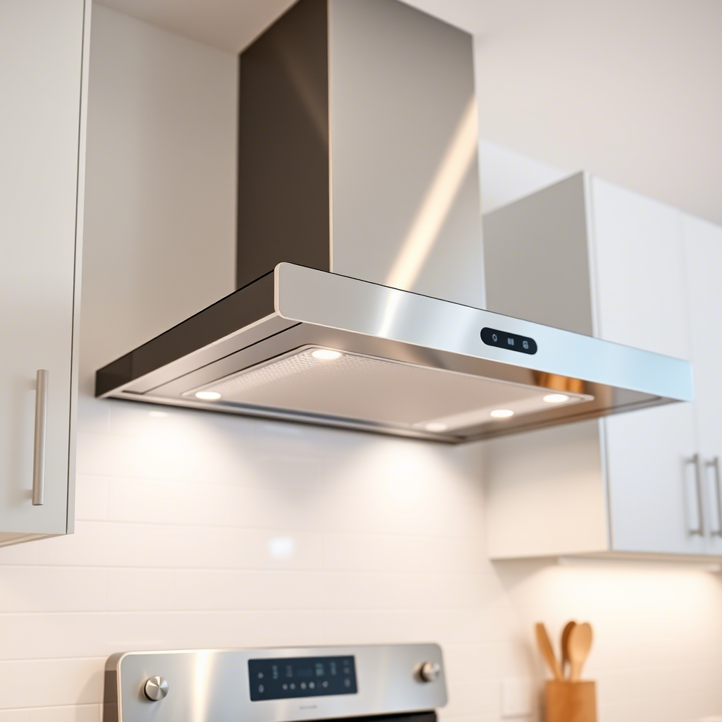 Фото: современная встраиваемая вытяжка над плитой.