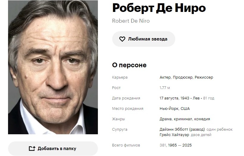 Роберт Де Ниро. Кинопоиск. Скриншот автора.